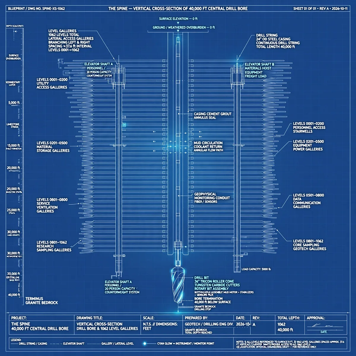 Blueprint plate: the Spine, vertical cross-section of the 40,000 ft central drill bore