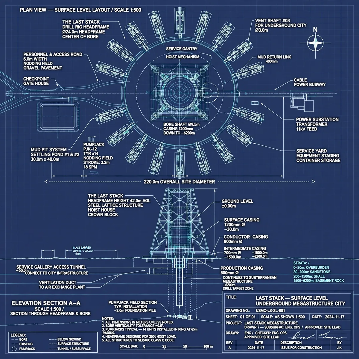 Blueprint plate: Level 0, the surface with the Last Stack headframe