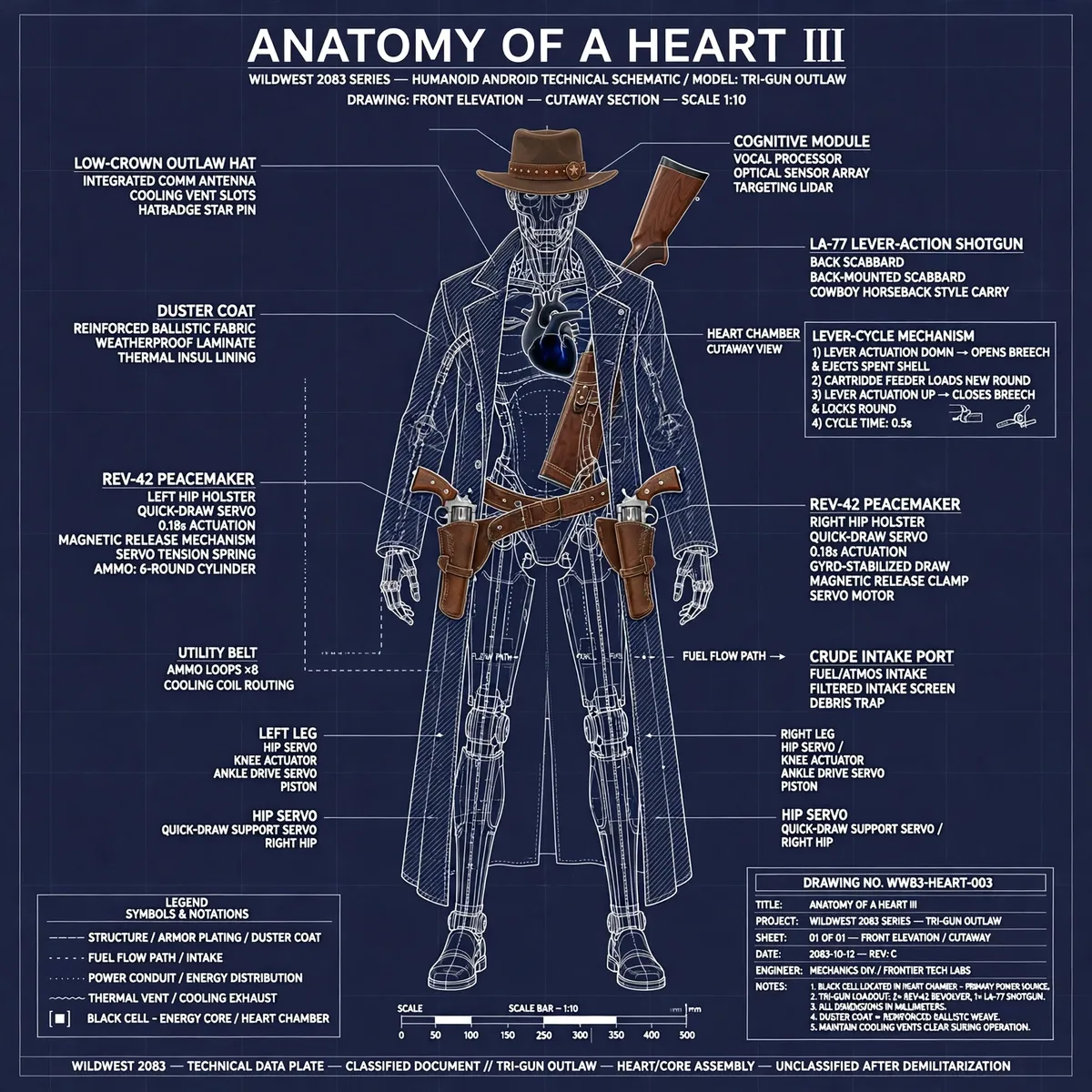 Blueprint plate: tri-gun outlaw android with lever-action shotgun