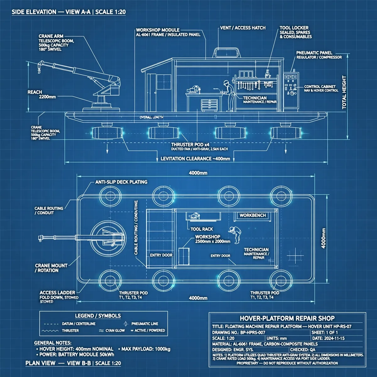 Blueprint plate: floating hover-platform machine shop
