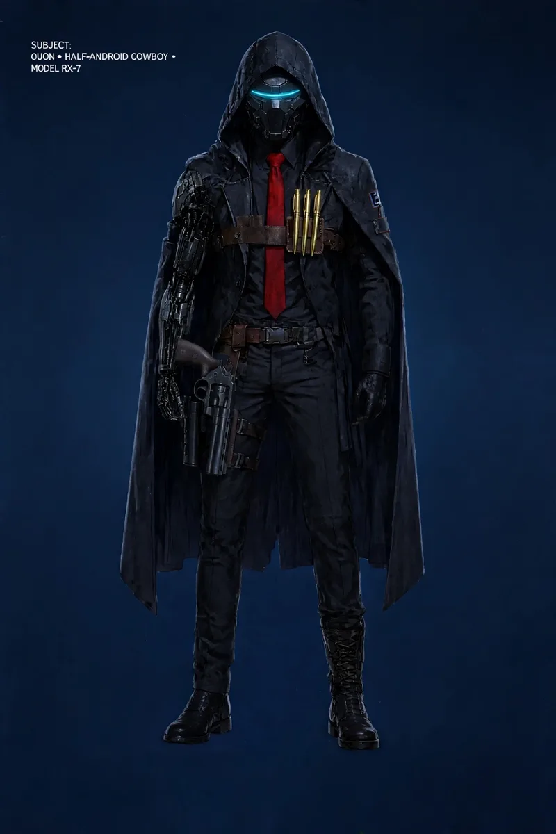 Blueprint of Ouon the Wanderer — the creator's half-android cowboy character